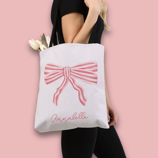 Tote Bag Blush rose esthétique Coquette Arc & prénom (Coquette Pink bow tote bag, personalize with your own name or choice of text.)