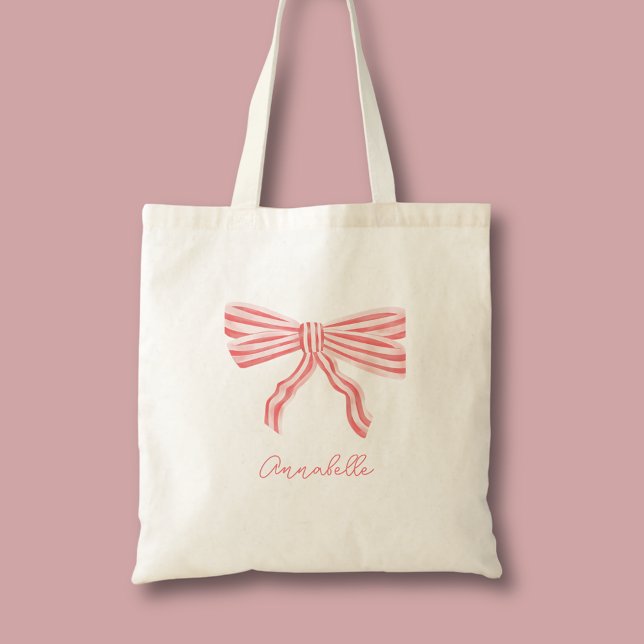Tote Bag Blush rose esthétique Coquette & prénom (Cute coquette aesthetic pink bow personalized tote bag.)