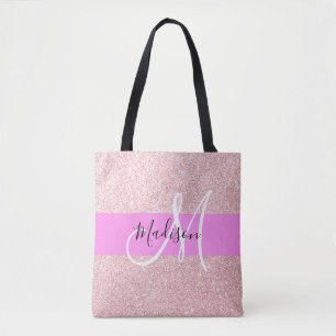 Tote Bag Blush Rose Glitter Monogramme Rose Doré Pailleté