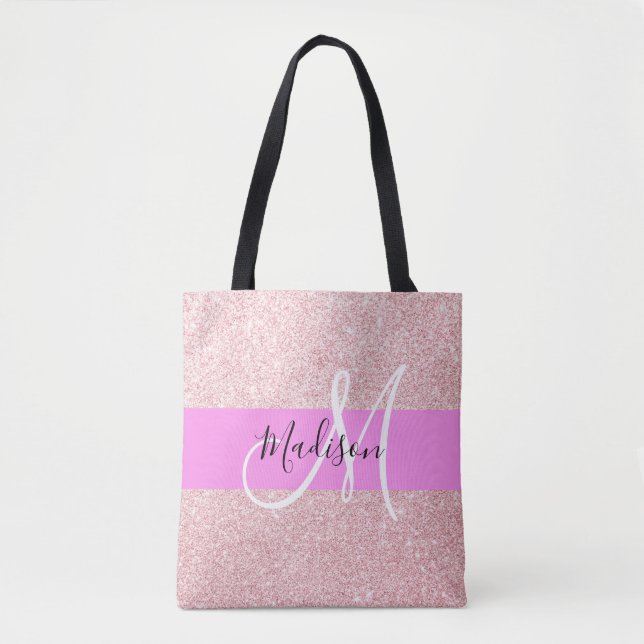 Tote Bag Blush Rose Glitter Monogramme Rose Doré Pailleté (Devant)