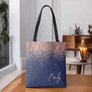 Tote Bag Blush Rose Gold Paillettes Monogram Bleu Marine