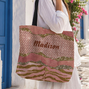Tote Bag Blush rose pailleté élégant avec monogramme en imp