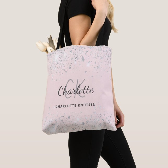 Tote Bag Blush rose paillettes d'argent monogramme nom (De près)