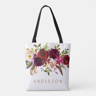 Tote Bag Bohème Bourgogne Marsala Aquarelle Florale