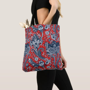 Tote Bag Bohémien floral blanc et bleu rouge Boho de