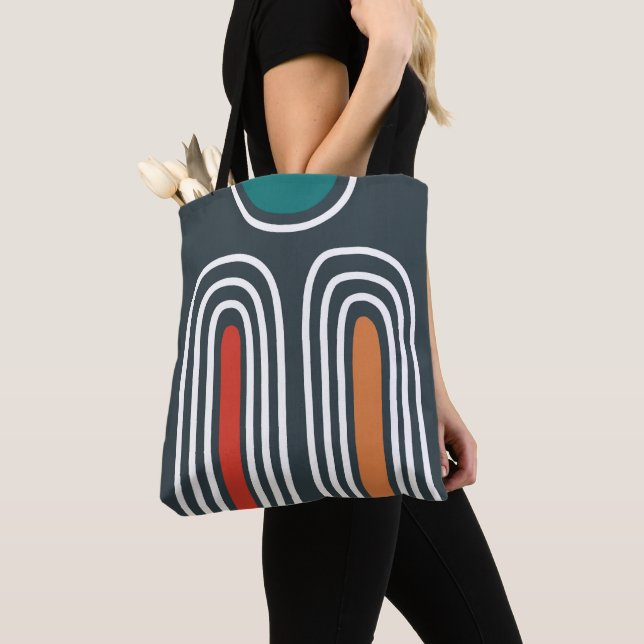 Tote Bag Boho abstract rainbow art in blue background (De près)