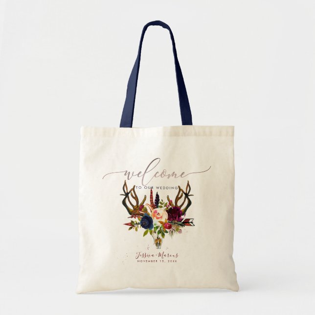 Tote Bag Boho Antlers+Fleurs de Bourgogne du crâne Cadeaux  (Devant)