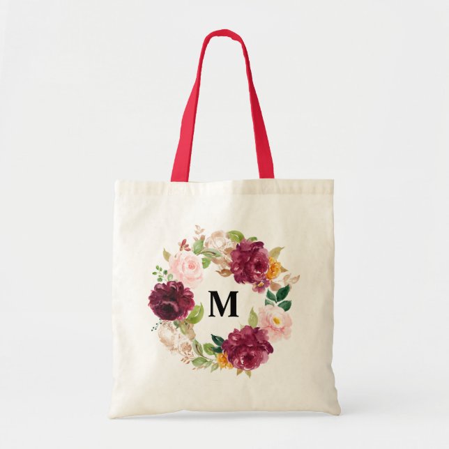 Tote Bag Boho Aquarelle Bourgogne Florale Monogramme (Devant)