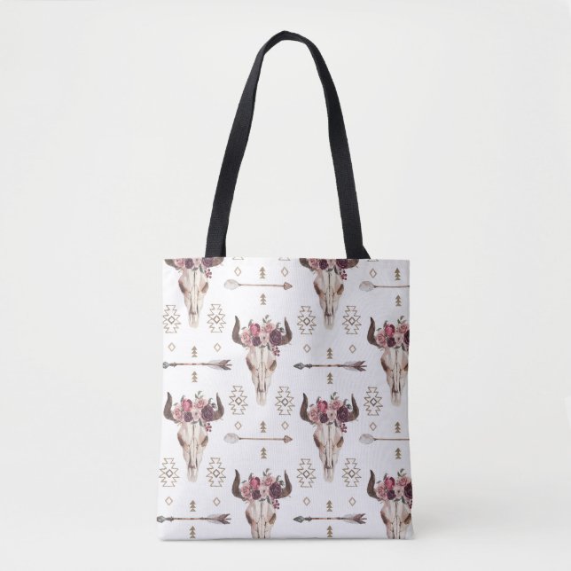 Tote Bag Boho aquarelle : flèches, motif crâne. (Devant)
