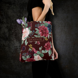 Tote Bag Boho Bloom Blush bordeaux foncé et monogramme de
