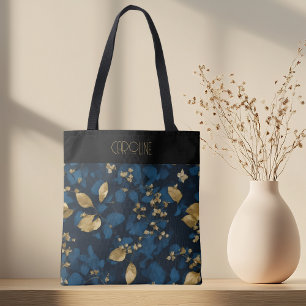 Tote Bag Boho Blue Black feuilles tendance chic