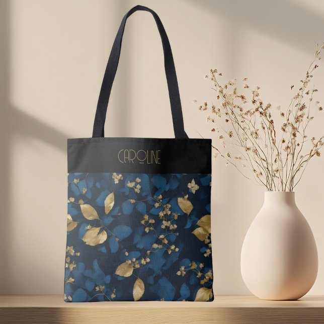Tote Bag Boho Blue Black feuilles tendance chic (Créateur téléchargé)