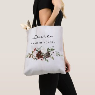 Tote Bag Boho Bourgogne rose floral Script Maid of Honor