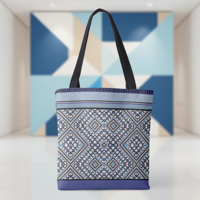 Tote Bag Boho Brun, Noir, Bleu Inspiré Tribal (Créateur téléchargé)