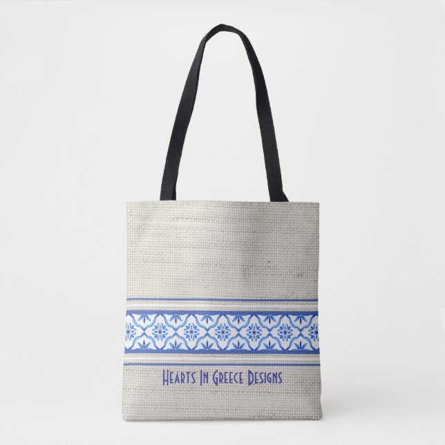 Tote Bag Boho Carrelage méditerranéen Bleu Blanc Personnali (Devant)