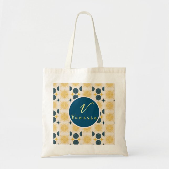 Tote Bag Boho Celestial Soleil Lune Monogramme Script  (Devant)