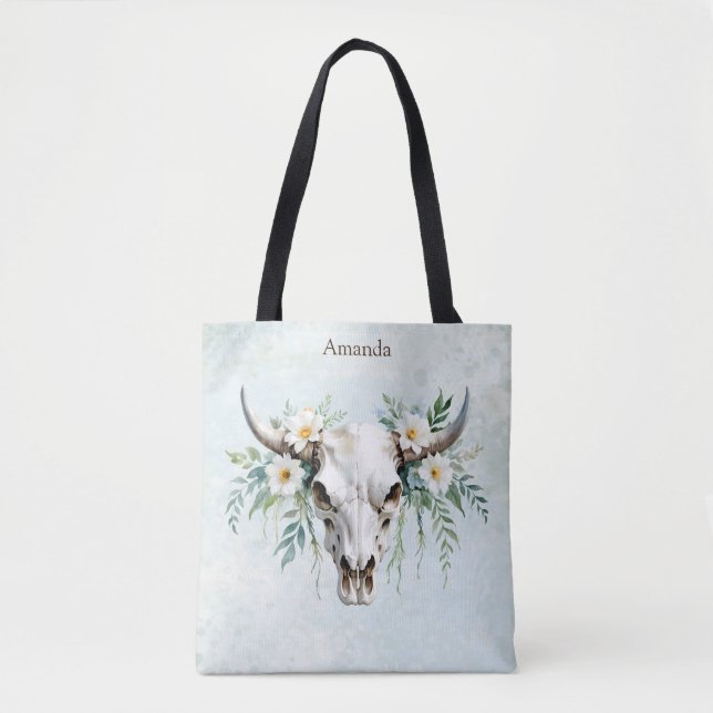 Tote Bag Boho Chic Aquarelle Florale Vache Crâne (Devant)