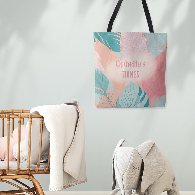 Tote Bag Boho Chic Coral rose Turquoise Feuilles Nom Baby (Créateur téléchargé)