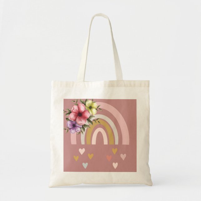 Tote Bag Boho couleur neutre arc-en-ciel avec fleurs (Devant)
