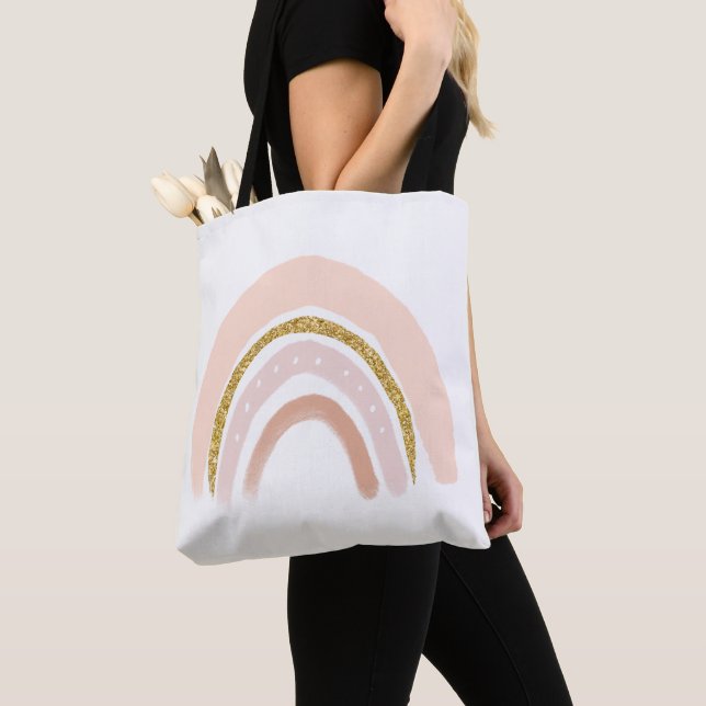 Tote Bag Boho élégant arc-en-ciel rose et or (De près)
