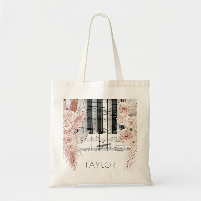 Tote Bag boho fleurs pampas herbe musique nom (Devant)