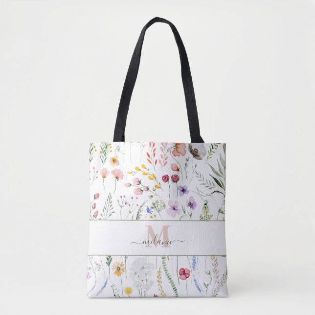 Tote Bag Boho Fleurs sauvages Nom personnalisé Monogramme (Devant)