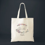 Tote Bag Boho Floral Mariée personnalisée<br><div class="desc">Reconnaissez-vous comme LA BRIDE avec ce sac fourre-tout personnalisé avec des fleurs sauvages d'aquarelle douce, belle, pastel dans les tons lilas, violet, pêche, rougissant, bleu et vert poussiéreux et personnalisées avec votre nom. Contactez le concepteur si vous souhaitez modifier ce design ou sur un autre produit pour compléter votre suite...</div>