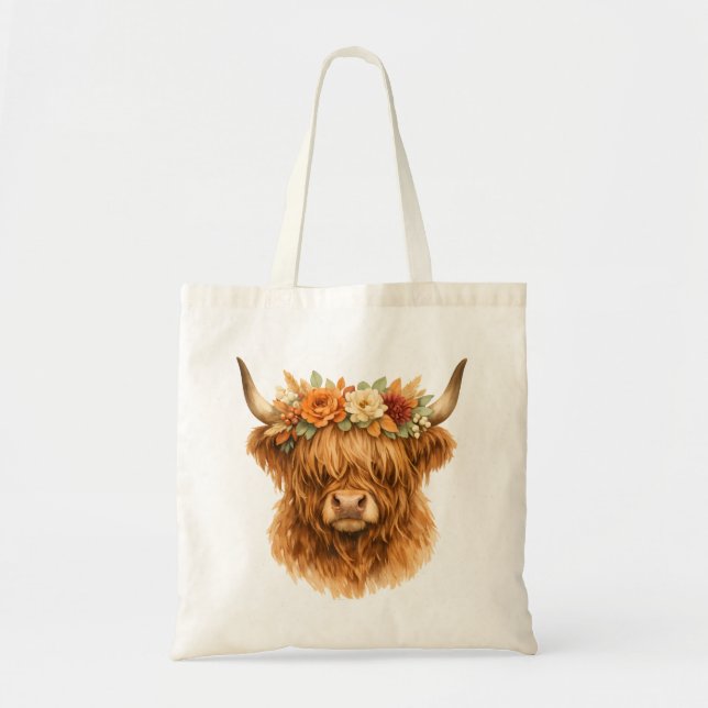 Tote Bag Boho Highland Cow Coussin de jet avec couronne flo (Devant)