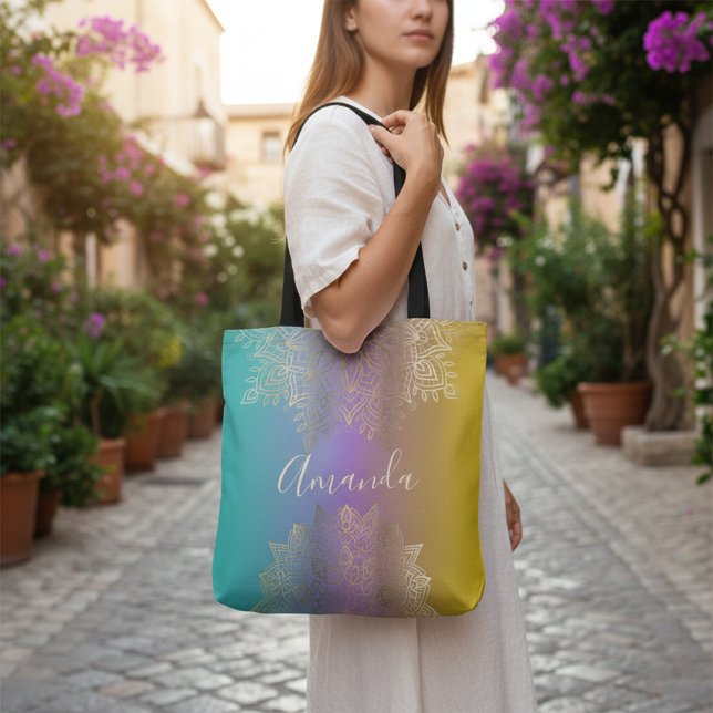 Tote Bag Boho Mandala Filigrane Ombré Arc-en-ciel Pastel Or (Créateur téléchargé)