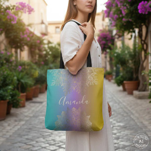 Tote Bag Boho Mandala Ombré Arc-en-ciel Pastel Filigrane Do