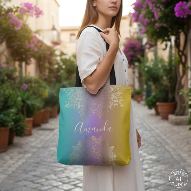 Tote Bag Boho Mandala Ombré Arc-en-ciel Pastel Filigrane Do (Créateur téléchargé)