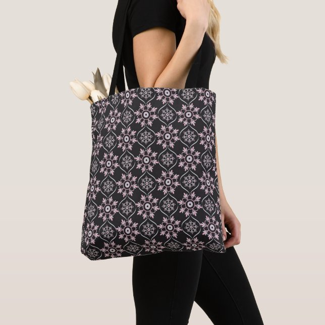 Tote Bag Boho Mandala rose & noir (De près)