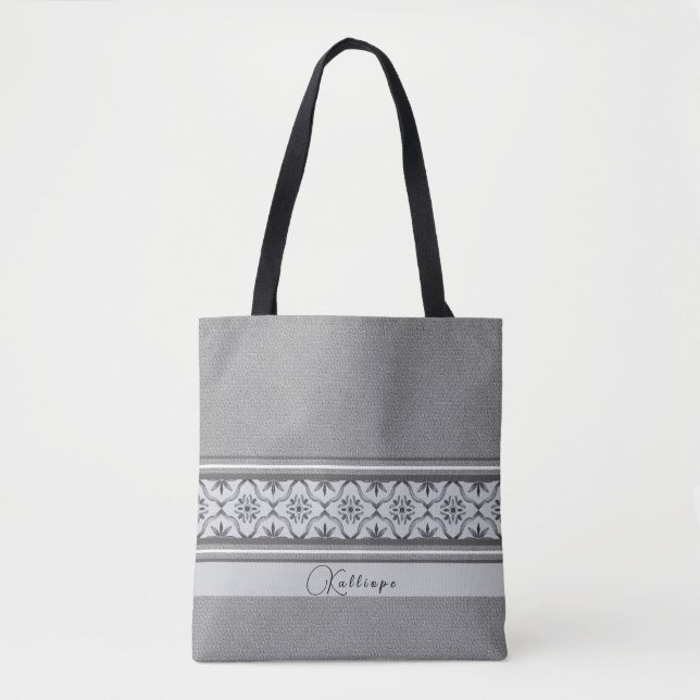 Tote Bag Boho Méditerranée Carrelage noir blanc personnalis (Devant)