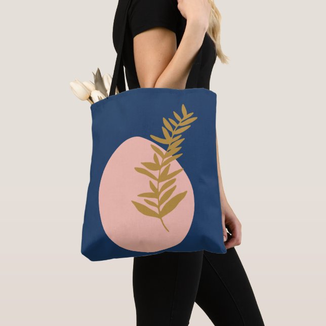 Tote Bag Boho Moderne Abstrait Botanique Art Rose Bleu Or (De près)