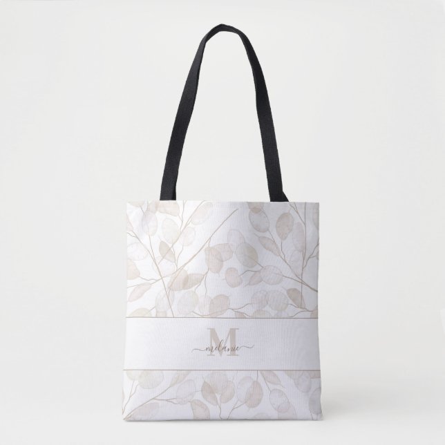 Tote Bag Boho Neutral Plante argent personnalisé Nom initia (Devant)