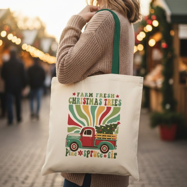 Tote Bag Boho Noël Ferme Arbres Frais Camion  (Créateur téléchargé)