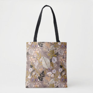 Tote Bag Boho Noir Blanc Or Pêche Feuille Floral Dessiné