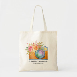 Tote Bag Boho Orange Caméra & Bouquet Floral Aquarelle