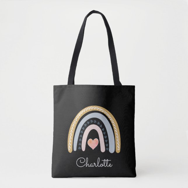 Tote Bag Boho personnalisé aquarelle arc-en-ciel noir (Devant)