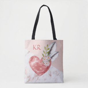 Tote Bag Boho Pink Heart Feaths Marble Motif Initiales