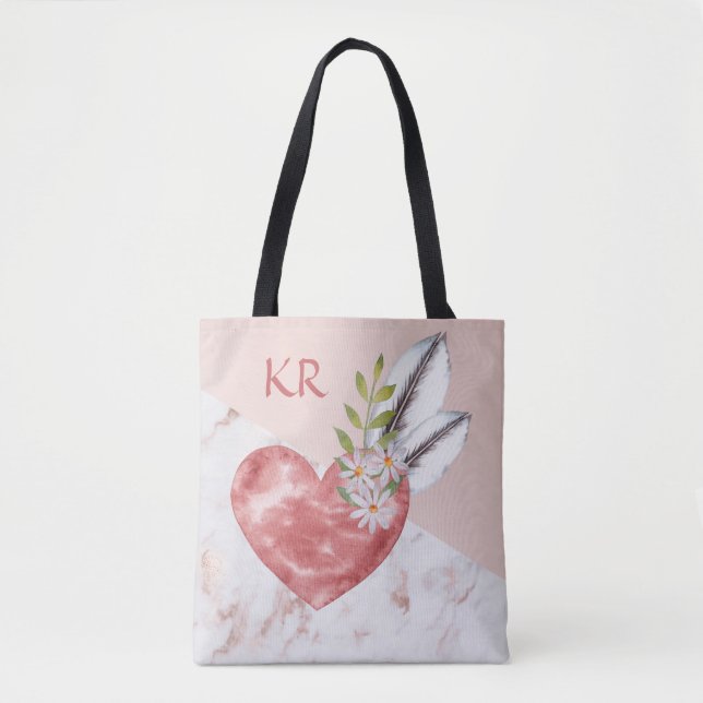 Tote Bag Boho Pink Heart Feaths Marble Motif Initiales (Devant)