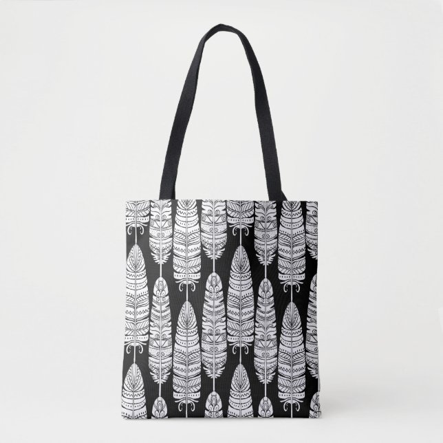 Tote Bag Boho plumes : motif noir et blanc (Devant)