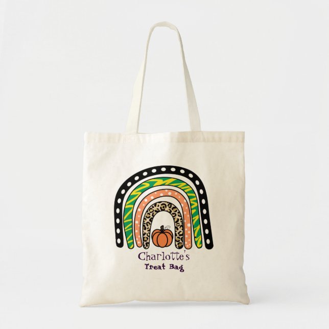 Tote Bag Boho Rainbow Halloween Tricot ou traitement (Devant)
