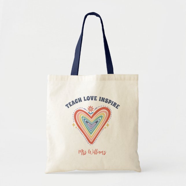 Tote Bag Boho Rainbow Heart Nom de l'enseignant personnalis (Devant)