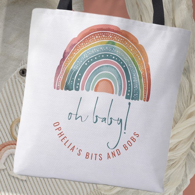 Tote Bag Boho Retro Rainbow Name Script Oh Baby (Créateur téléchargé)