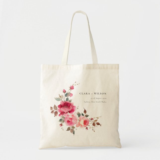 Tote Bag Boho Rouge Rose Fleurs Mariage d'aquarelle (Devant)