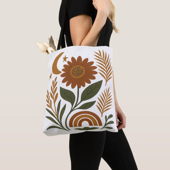 Tote Bag Boho Rustique Tournesol & Arc-en-Ciel  (De près)