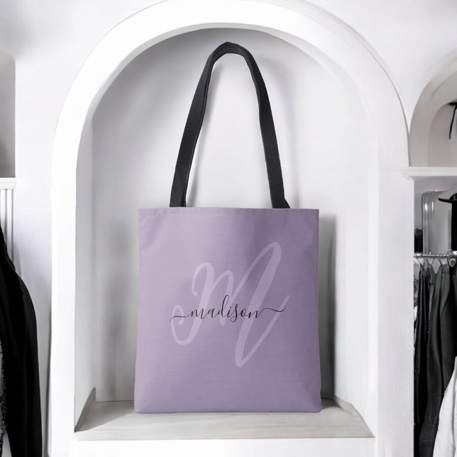 Tote Bag Boho Stylish Script Monogramme et nom en violet (Créateur téléchargé)