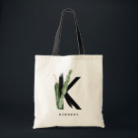 Tote Bag Boho Succulents Lettre K Monogramme Demoiselle d'H<br><div class="desc">Sac fourre-tout personnalisable avec monogramme lettre K orné de succulentes aquarelles,  feuille de faux or et accents de pinceau à l'aquarelle noire. Personnalisez ce sac fourre-tout succulent en ajoutant votre nom ou d'autres détails. Ce sac à monogramme lettre K boho sera parfait comme cadeau. D'autres lettres sont disponibles.</div>