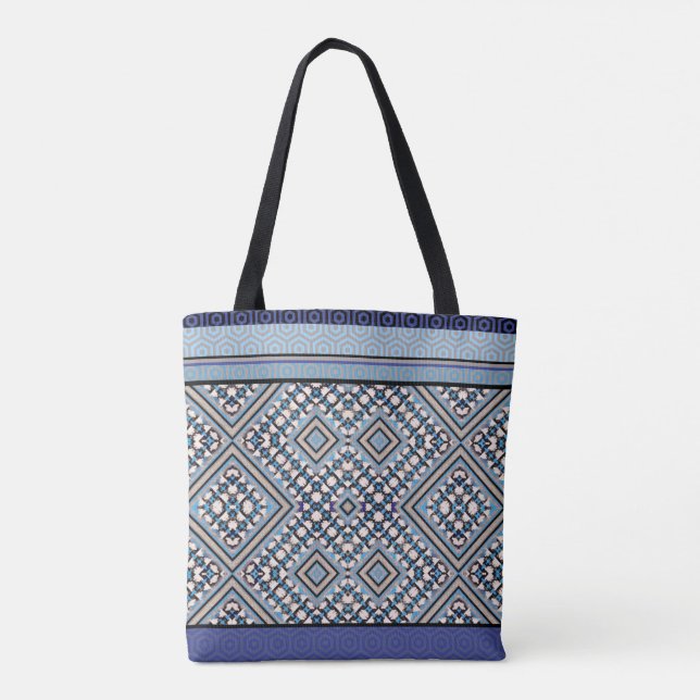 Tote Bag Boho Tan, Noir, Tribal Bleu Inspiré (Dos)
